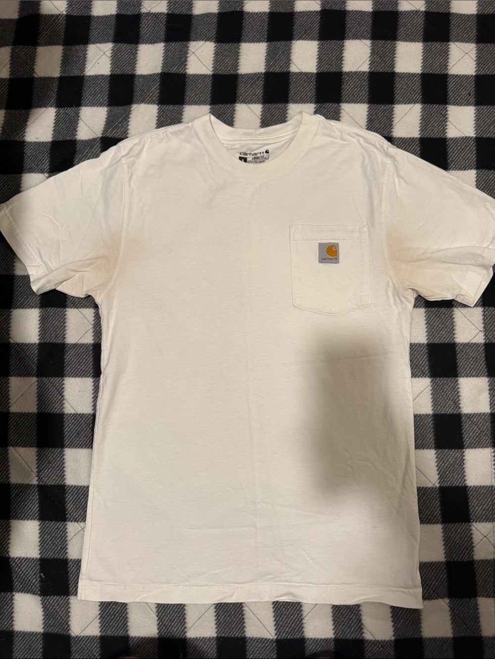 Carhartt White Short-Sleeve Pocket Tee with Tan Logo Patch